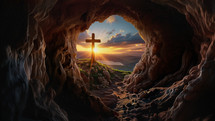 The cross at Calvary is seen through the opening of the cave entrance. The empty Tomb of Jesus. He is risen, 
