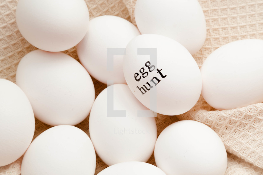 word Egg hunt on white chicken eggs 