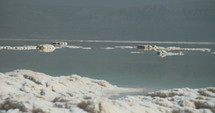 Pan of salt deposits on the banks of the Dead Sea in Israel. 