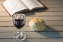 open Bible and communion bread and wine 