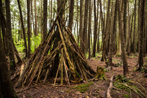 teepee of sticks in the woods 