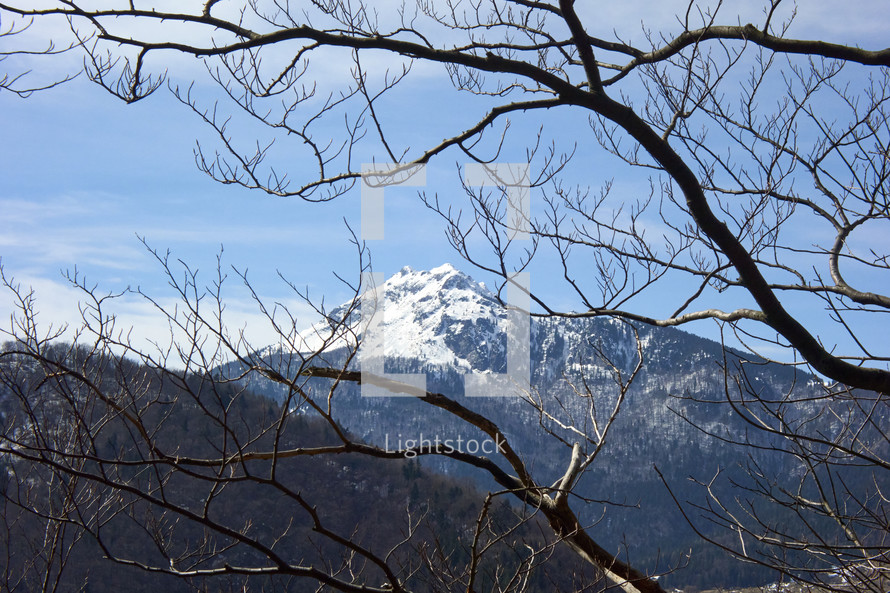 Tree branches in the foreground, A massive idyllic mountain covered in snow in a winter alpine landscape