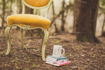 chair, book, and mug in a forest 