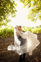 A groom carrying a bride in a vineyard wedding day sunset napa valley man wife