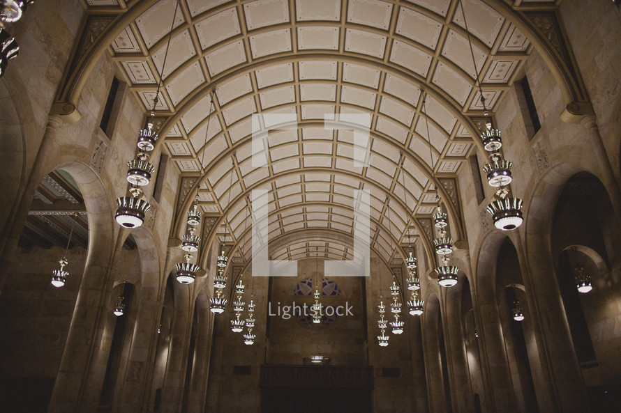 Inside of  church with high ceilings
