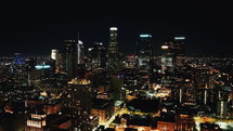 Aerial panoramic view of Los Angeles downtown at night.