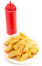 A Pile of Chunky Steak Fries Isolated on a White Background and ketchup 