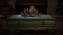 CGI Colorful Christmas Nativity set on coffee table.