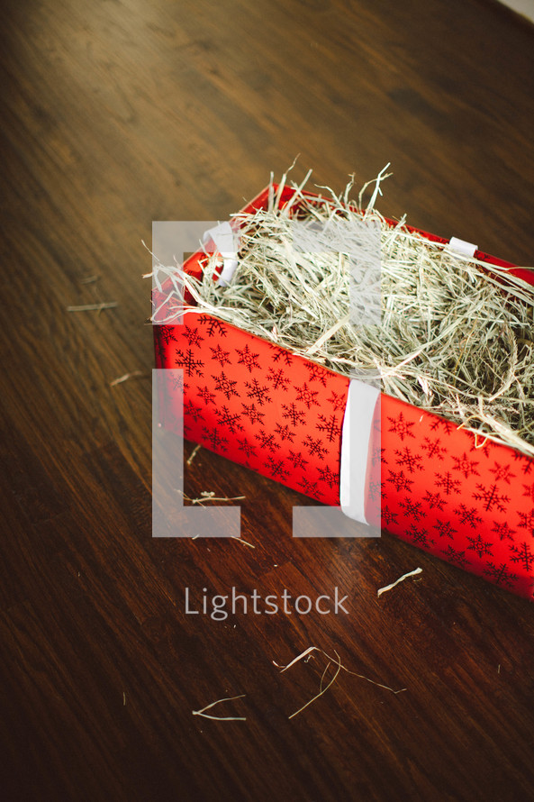 box of straw wrapped in Christmas paper - manger