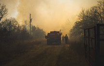 Forest fire rescue workers approaching fire