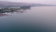 Drone footage going over the Sea of Galilee in Israel.
