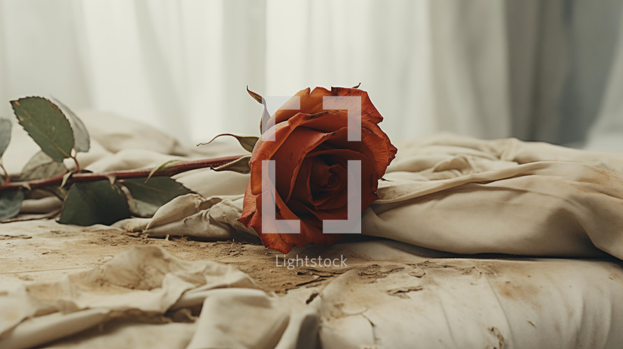 Closeup of a dead rose on a dirty bed. Sinful passion concept. 