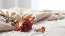 Closeup of a dead rose on a bed. Fading romance concept. 