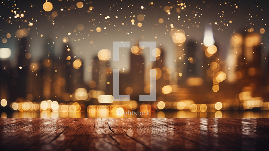 Holiday background with city and snow bokeh. 