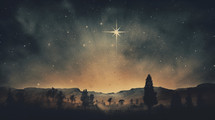 Star of Bethlehem over a countryside scene. 