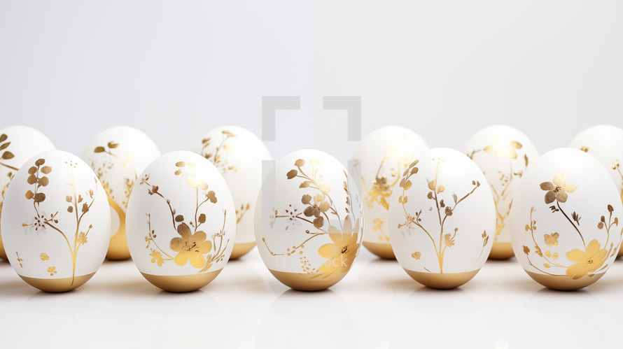 Gold and white flora painted Easter eggs.