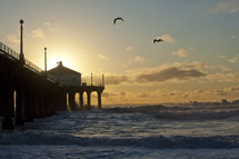 Seagulls flying over a pier