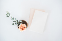 rose in a wooden bowl and stationary 