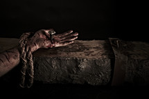 Blood flows from the hand of Jesus - nailed to the cross 