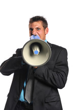 businessman yelling into a megaphone 