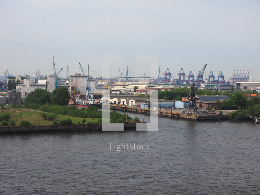 HAMBURG, GERMANY - CIRCA MAY 2017: Hamburger Hafen (Port of Hamburg) sea port on the river Elbe