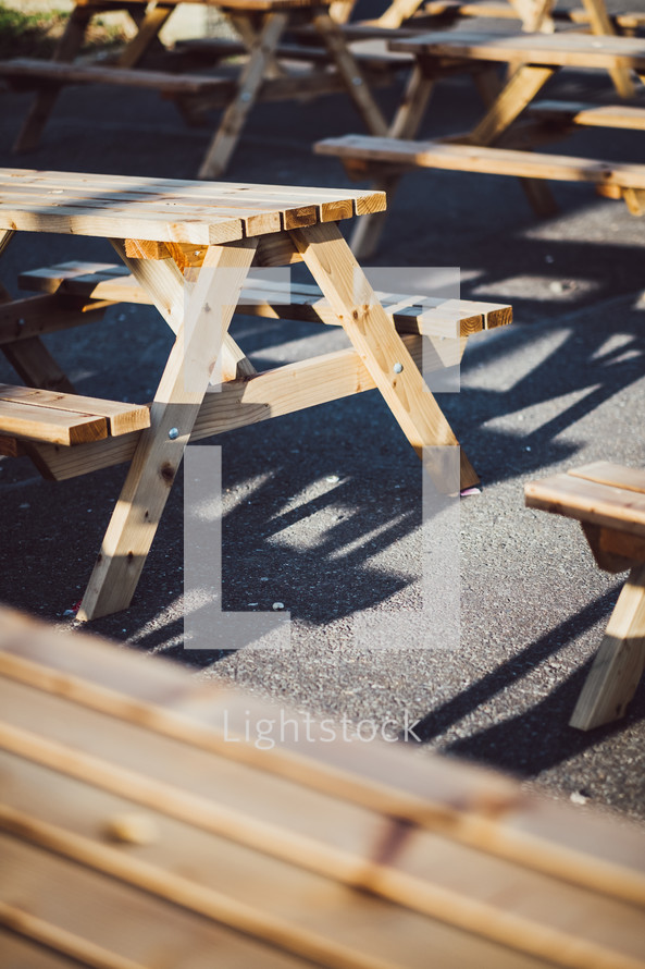rows of picnic tables 