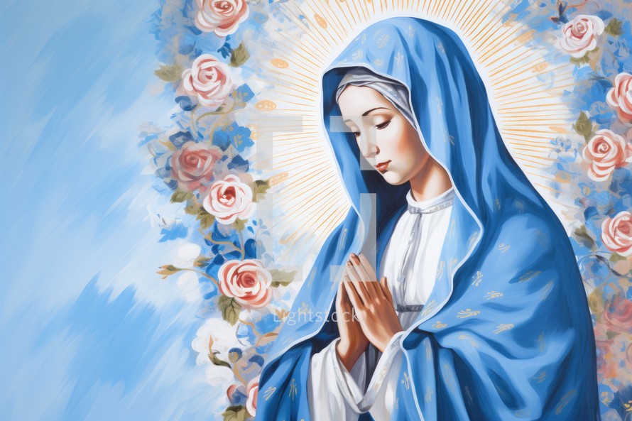 Illustration of the Mother Mary in a blue robe
