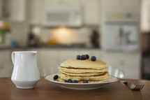 syrup, fork, plate, pancakes, breakfast, table, food, blueberries 