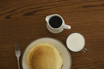 coffee, creamer, fork, plate, pancakes, breakfast