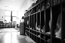 cubbies in an empty classroom 