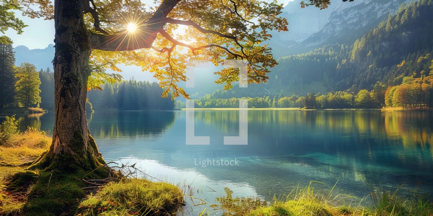 Beautiful autumn landscape with a lake in the mountains. The concept of active and ecological tourism