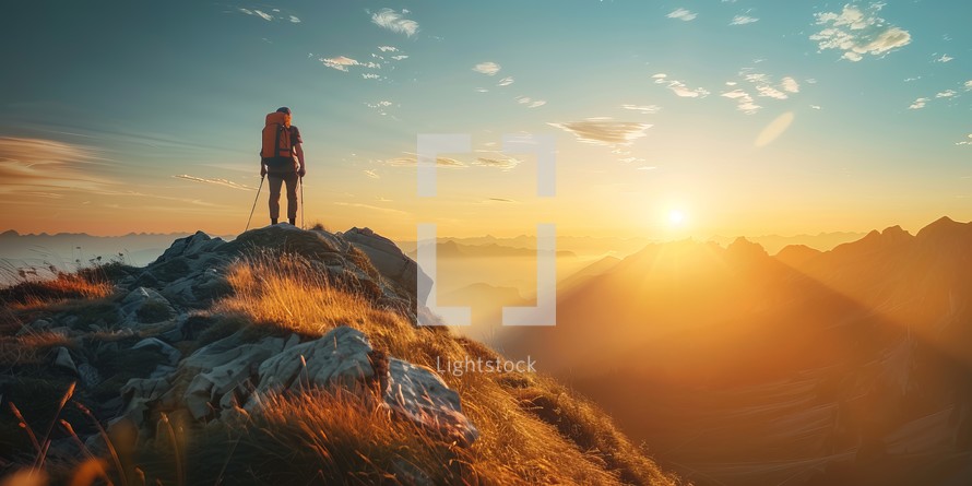Hiker standing on top of a mountain and looking at the sunset