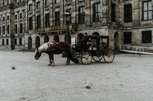 vintage inspired photograph, horse and carriage on a cobblestone street 