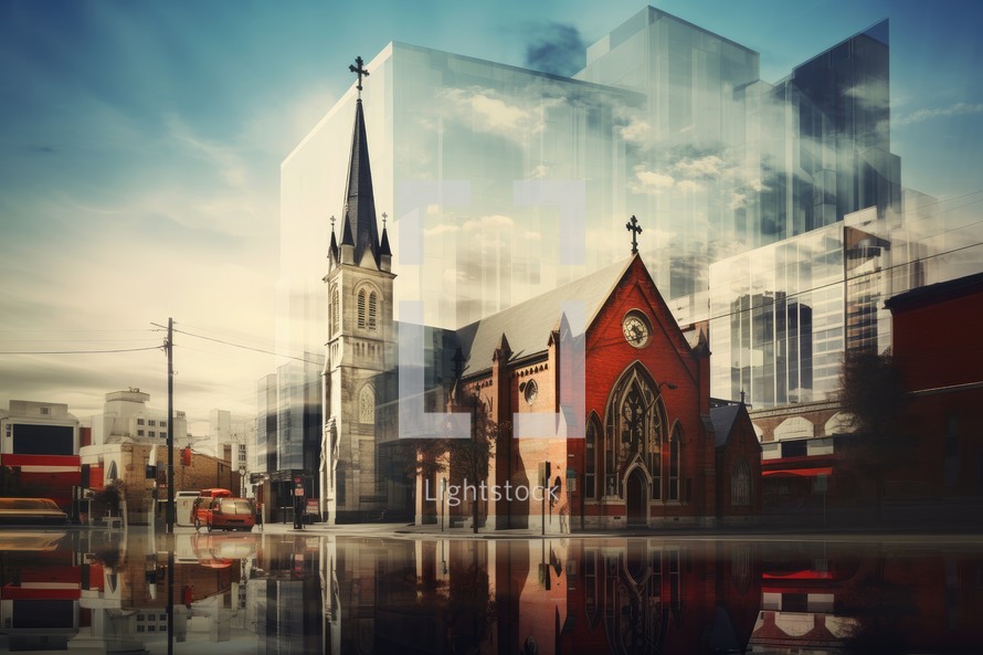 Church in the city with reflection in the water. Double exposure.