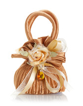 Wedding Favor shaped bag with amber on white background.