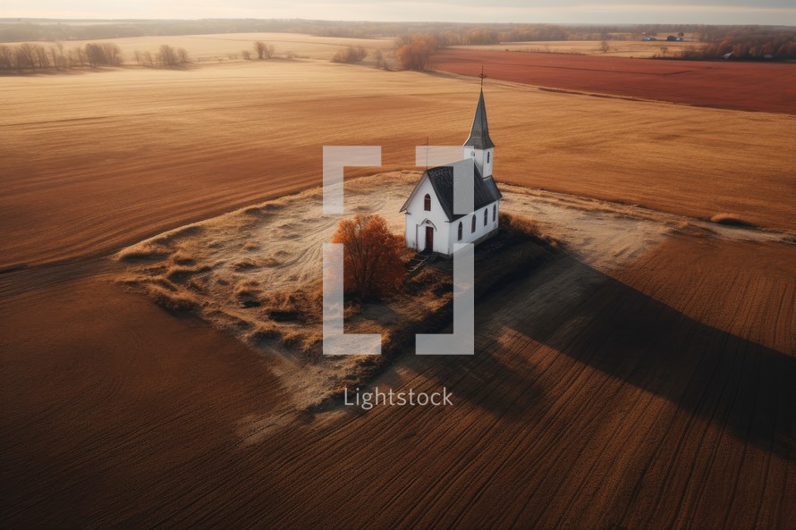Aerial view of a small church in the middle of a field in winter.