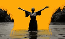 Baptisme. Black woman in black dress with arms outstretched standing in water