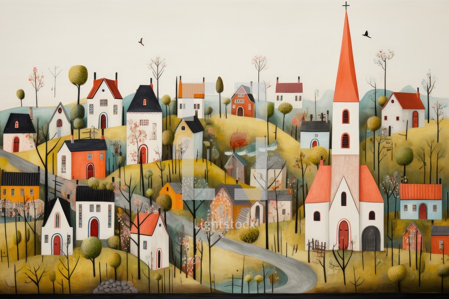 Painting in the form of a picture of a Church, village with houses