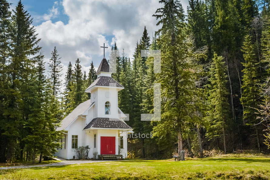 a rural church surrounded by a pine forest 