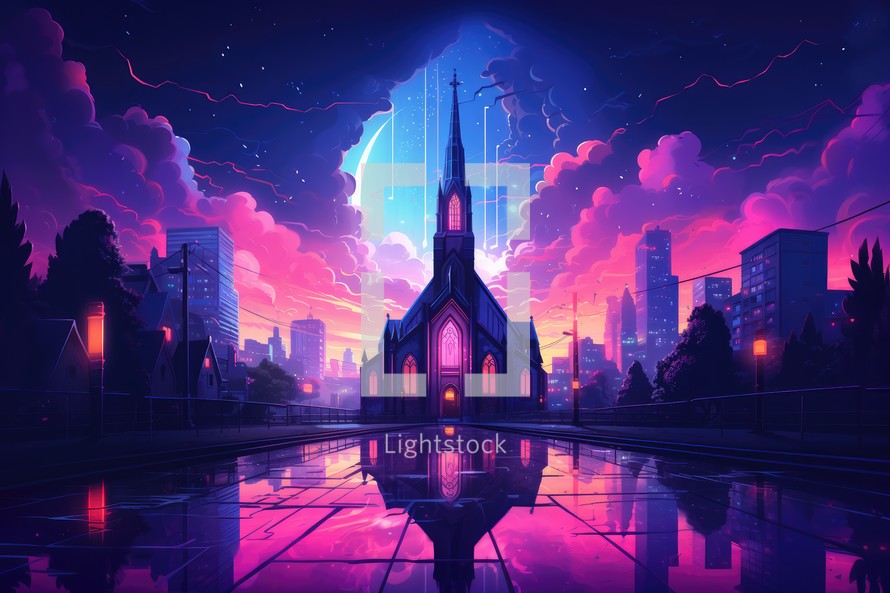 Church on the background of the night city. Illustration in neon style