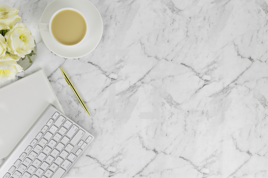 coffee cup, pen, gold, roses, white, carrara marble, computer keyboard, desk, copy space