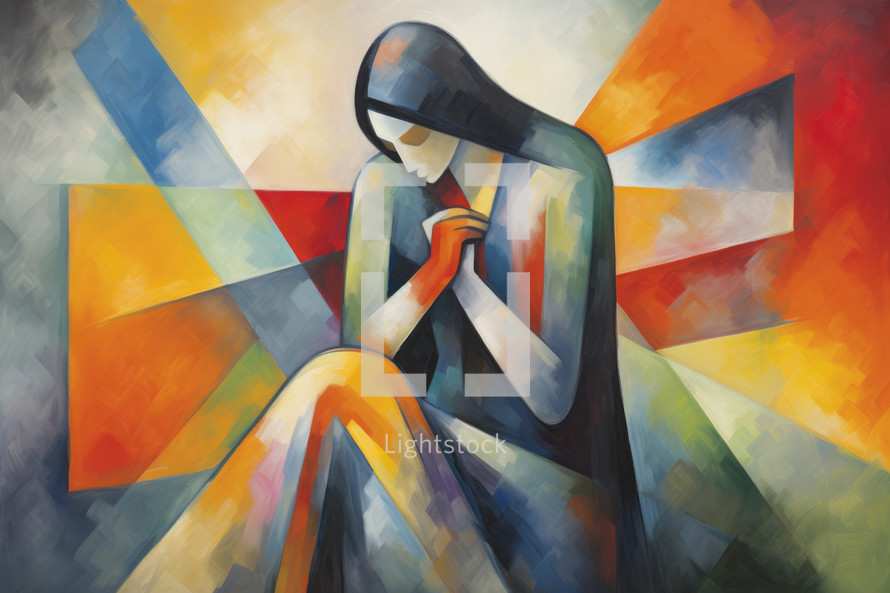 Digital painting of a woman praying in front of a colorful background.