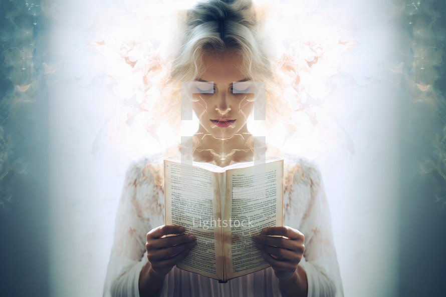 Beautiful young woman in white dress reading the bible. Light background