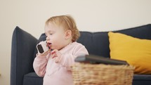 Cute baby playing with a remote control a telephone