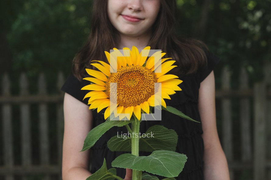 a young girl holding a sunflower 