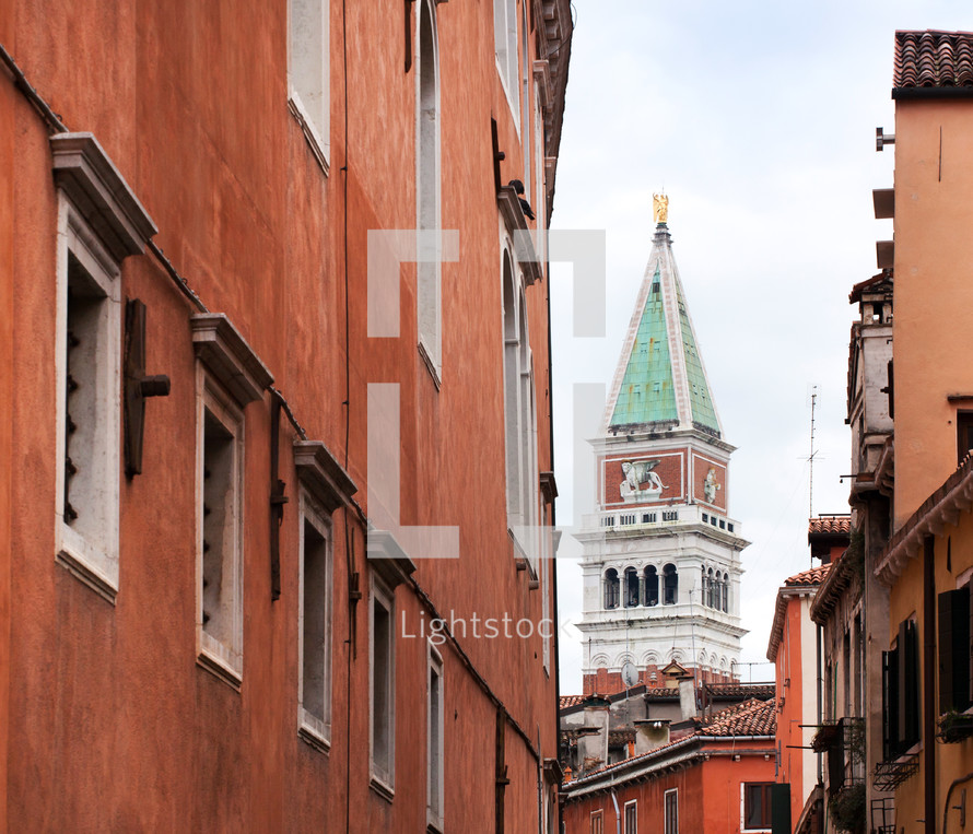 bell tower of San Mark between the houses, Venice, Italy