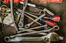 Tools on a workbench.