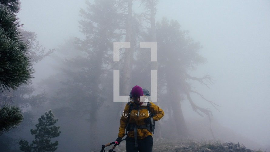 person hiking through a foggy mountainside forest 