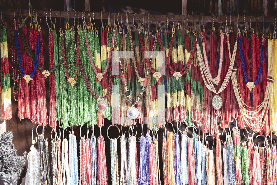 beaded necklaces at a market in Tibet
