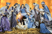 Nativity scene and Christmas lights 